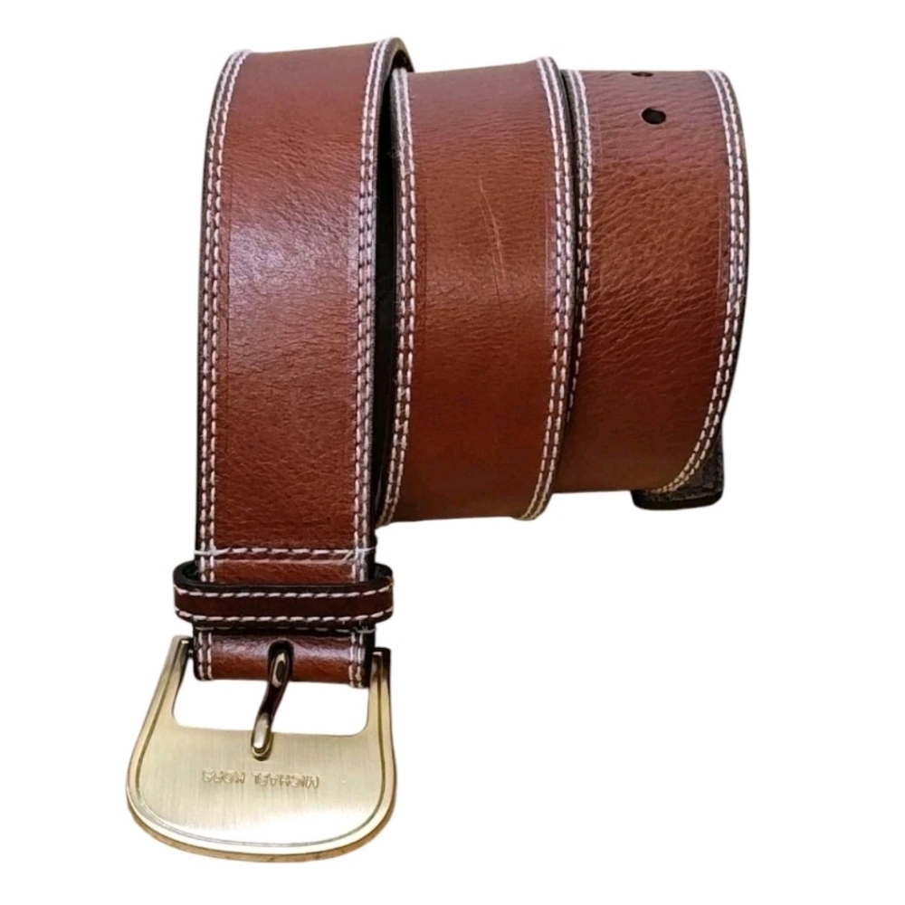 Michael Kors Brown Leather Belt Woman Med 31-34 Gold Buckle Preppy Western Boho - Picture 5 of 13